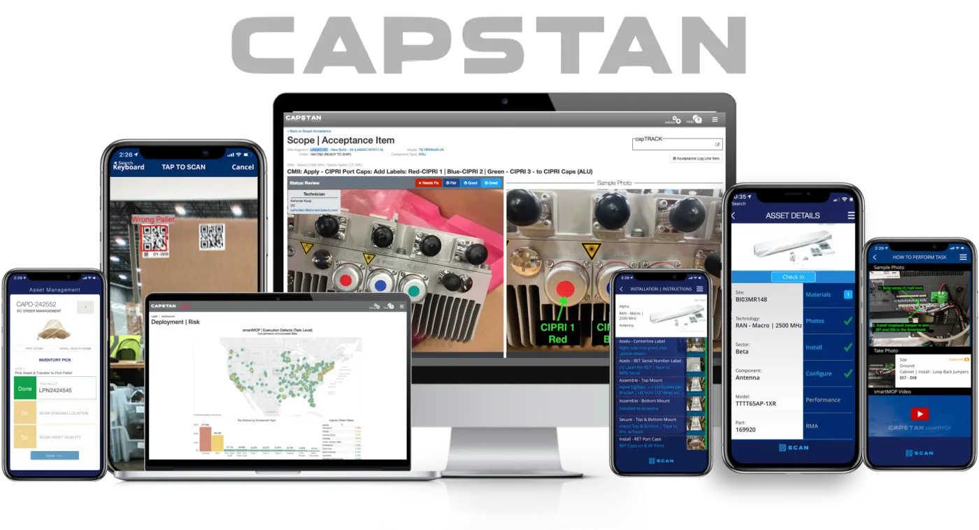 The Capstan product suite shown across desktop, laptop and phone screens.