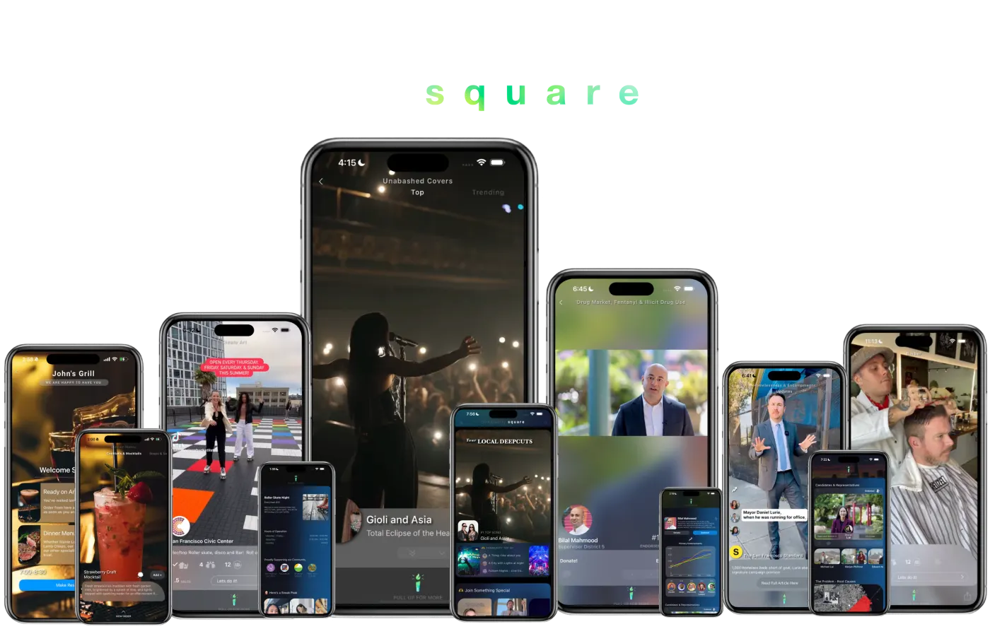 Community Square app screens on several phones: event, candidate and local business feeds.